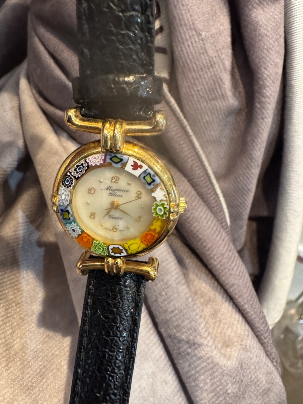 Murano Gold-Tone Case Watch with Black Leather Strap‎ new needs battery no box - Picture 2 of 7